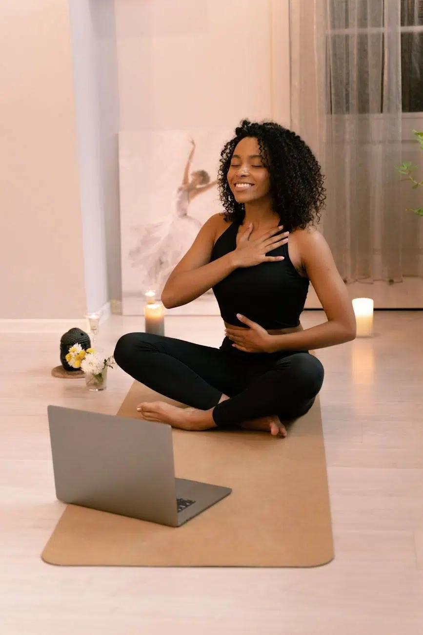midlife self-care woman with curly hair doing yoga